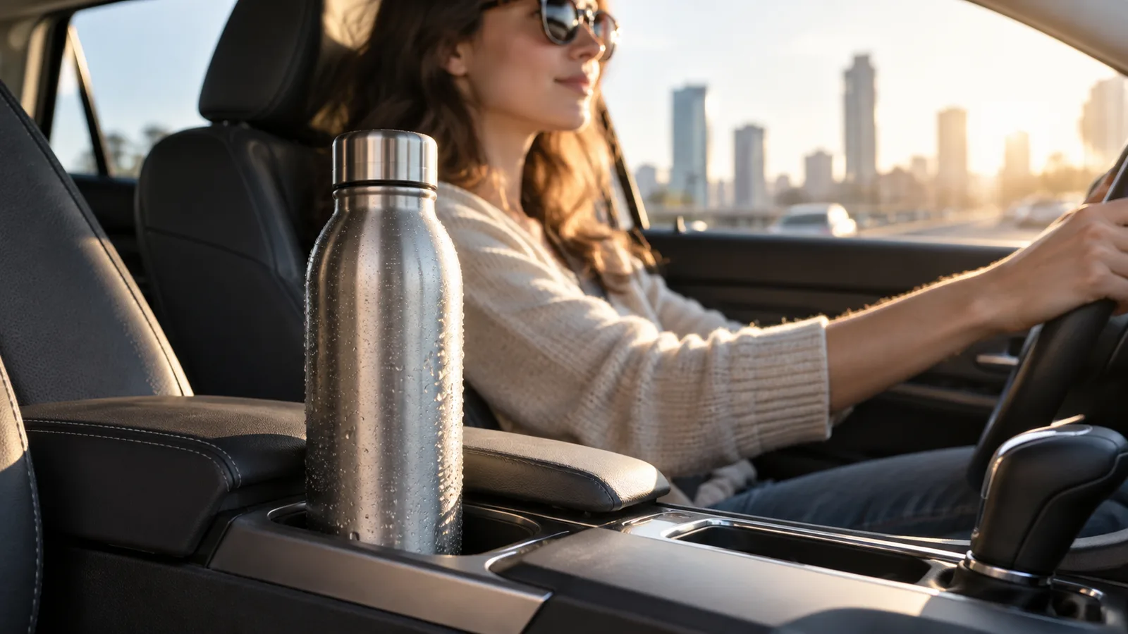 A stainless steel water bottle in a car cup holder