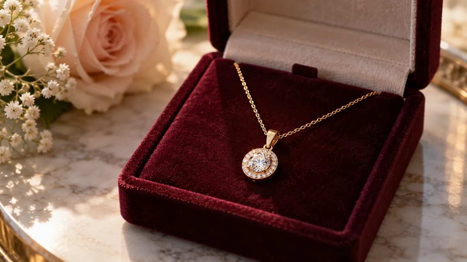 A gold pendant necklace in an open gift box