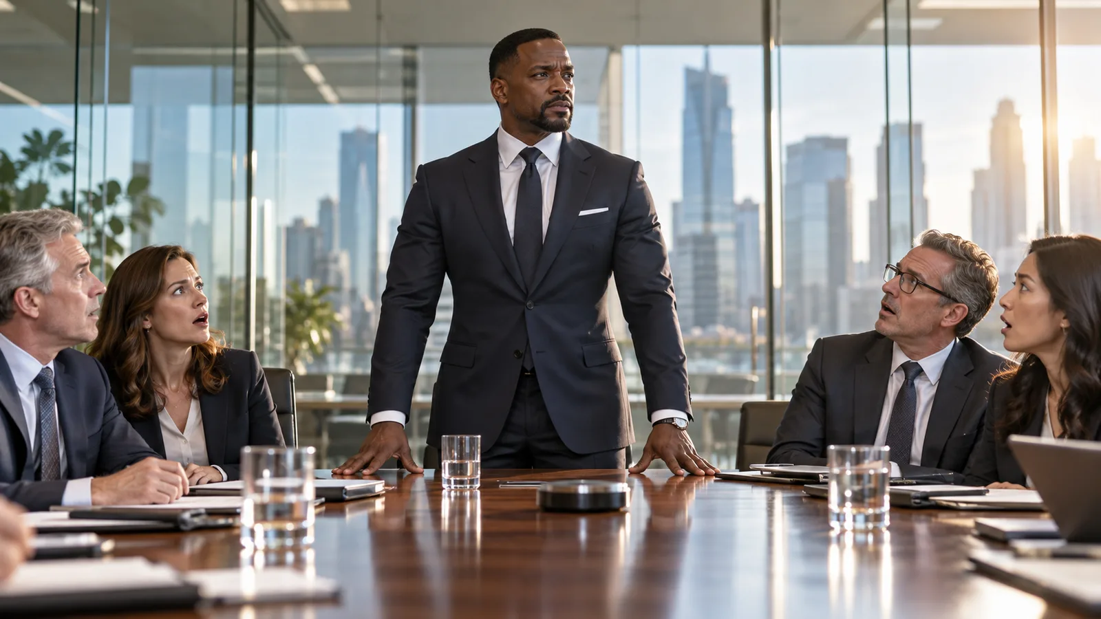 A man in a suit at the head of a boardroom table