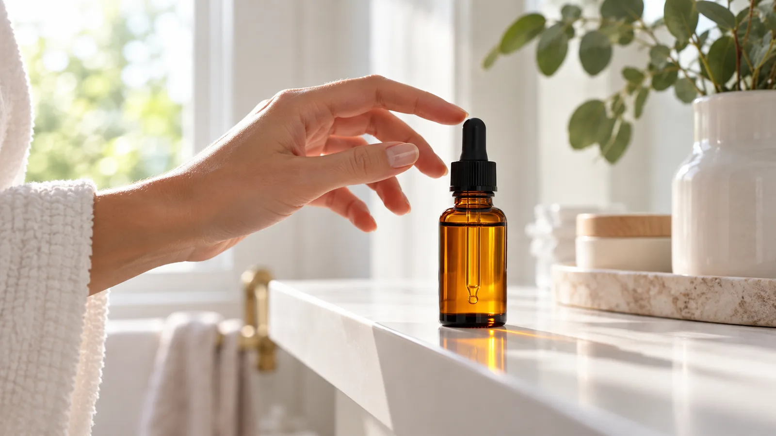 A serum bottle on a bathroom shelf in morning light