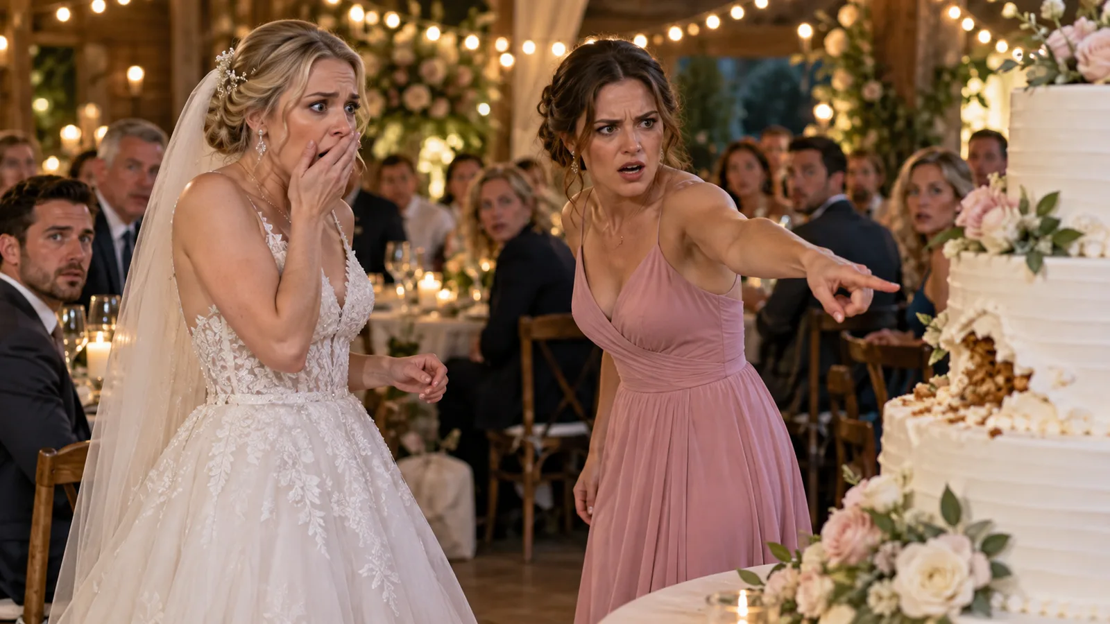 A wedding reception moment with a surprised bride